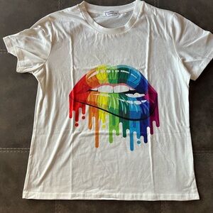 White Short Sleeve Tee with Rainbow Lips Graphic